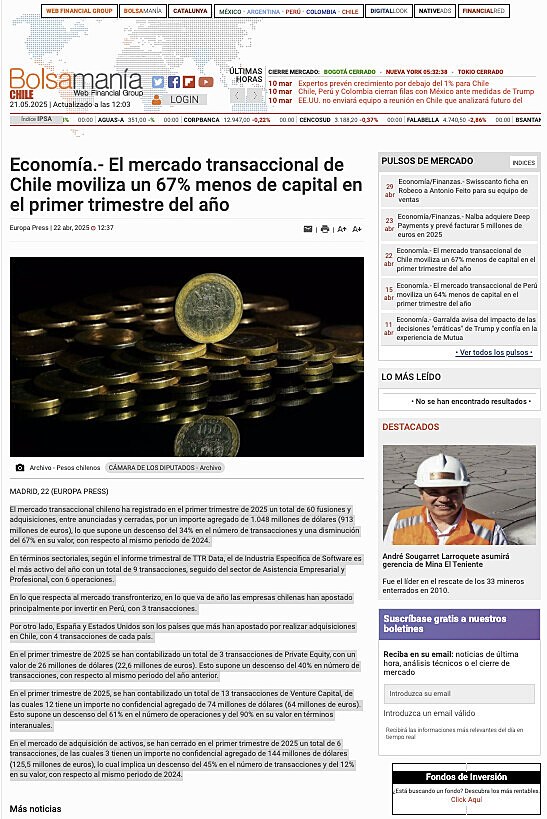 Economa.- El mercado transaccional de Chile moviliza un 67% menos de capital en el primer trimestre del ao
